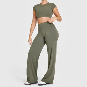 High Waist Solid Color Seamless Full Length Yoga Pants Women Olive Green Stretchy <b>Flared</b> <b>Leggings</b> Soft Spandex/Polyester - Product Image 3