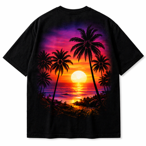Camiseta Personalizada con Estampado Gráfico de Palmeras al Atardecer Tropical, Camiseta de Verano de Algodón Oversize con Estampado Trasero, Venta al Por Mayor - Product Image 5