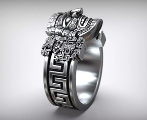 Bague Masque Aztèque de Luxe en Argent Sterling 925, Visage de Guerrier Tribal Ancien, Large Bande, Bijou Tendance pour Hommes et Femmes - Product Image 3