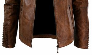 Veste de moto en cuir véritable marron pour homme de qualité supérieure, fermeture éclair, coupe ajustée, pour l'automne - Product Image 3