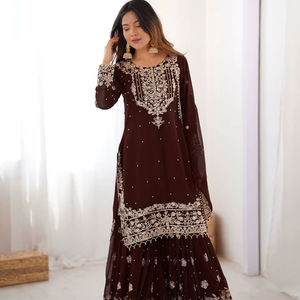 Ensemble traditionnel indien Sharara en faux georgette brodé pour les occasions festives et les occasions spéciales - Product Image 1