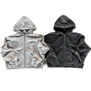 Men's Rhinestone Hooded Sweatshirt Acid Wash Zip Up Hoodie Oversized Streetwear Pullover - Product Image 4