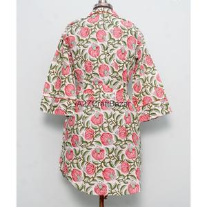 100% Pure Cotton Bohemian Straight Floral Print Long Dress <b>Bell</b> Sleeves Hand Block Printed V-Neck Midi Size Shirt Casual Summer - Product Image 6