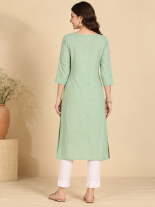 Kurta en coton brodé vert menthe avec pantalon palazzo blanc, tenue décontractée pour tous les jours, coupe ample, manches trois quarts, robe midi - Product Image 2