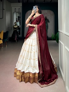 <b>Women</b> White And Maroon Silk <b>Lehenga</b> Choli With Gold Border For Traditional Indian Pakistani Wedding Wear - Product Image 4