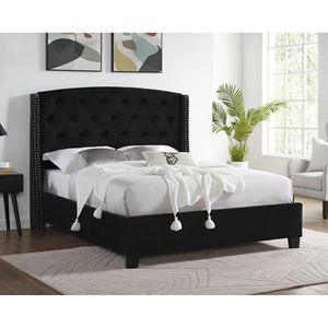 Letto Imbottito in Stile Contemporaneo con Finitura Nera, Struttura in Legno e Dettagli in Tessuto e Borchie, Arredamento Camera da Letto - Product Image 1