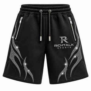 <b>Men's</b> Black Rhinestone Polyester/Cotton Mid Waist Elastic <b>Shorts</b> Drawstring <b>Zip</b> <b>Pockets</b> Breathable Summer Sporty Style - Product Image 1