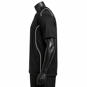 T-shirt sportif à manches courtes pour homme, noir, coupe ajustée, col rond, en polyester tricoté, couleur unie, séchage rapide - Product Image 3