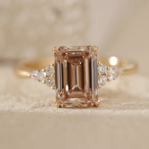 Vintage Floral 3.5ct <b>Brown</b> Emerald Cut Lab Created Diamond Ring 18K Solid Yellow Gold Tapered Band Champagne Diamond Look Ring - Product Image 2