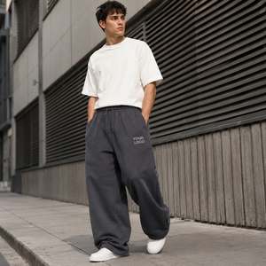 Pantalon de jogging décontracté gris pour homme, coupe oversize, jambe large, en molleton de coton, taille élastique avec cordon de serrage, poches, respirant, logo personnalisé - Product Image 2