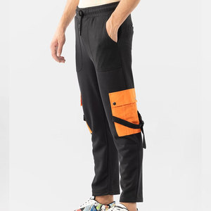 Pantalon de jogging cargo noir pour homme avec poches orange, taille élastique et cordon de serrage, décontracté, respirant, mi-lourd, tricoté, automne - Product Image 5