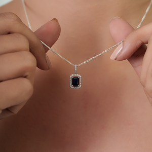 OEM ODM Prong Set 7x5 mm Octagon Cut Blue Sapphire & Diamond Halo <b>Pendant</b> <b>Solid</b> 14K White <b>Gold</b> Mother's Day Gift Fine Jewelry - Product Image 2