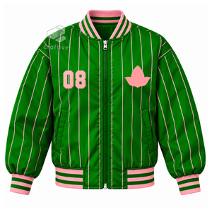 Alfa |   Kapa |   Chaqueta Universitaria de Satén a Rayas Verde y Rosa para Mujer de Alpha Sorority, Chaqueta Bomber con Cierre y Letras Griegas Bordadas - Product Image 1