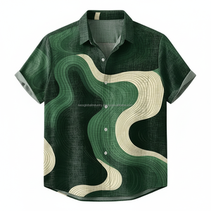 Camisa Casual de Verano para Hombre, Diseño Personalizado ODM, Transpirable, Ligera, con Estampado 3D de Ondas Abstractas, Verde Vintage - Product Image 1