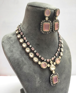 Conjunto de Joyería Nupcial India, Collar y Aretes de Latón Plateado con Circonitas, Tono Oro Rosa, para Bodas y Fiestas - Product Image 4