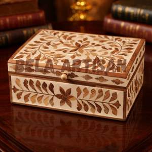 Boîte de rangement pour bijoux en bois moderne de luxe faite à la main avec incrustations florales, décoration de salon, boîte cadeau - Product Image 3