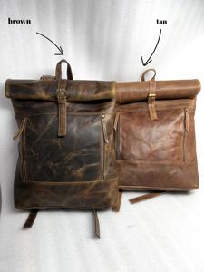 Genuine Leather <b>Roll</b> Top <b>Backpack</b> Minimalist Urban Laptop Bag Cowhide Travel Rucksack for Men Factory OEM LTBP-0055 - Product Image 4