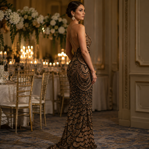 Luxury Brown Beaded Embroidery Mermaid Evening Gown Women | Spaghetti Strap Modern Formal Maxi Dress | Elegant Prom Wedding - Product Image 2