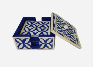 Juego de Posavasos Cuadrados Clásicos Ecológicos con Incrustaciones de Hueso de Nogal, Decorativos con Rayas Geométricas Azules y Blancas, al Mejor Precio - Product Image 3