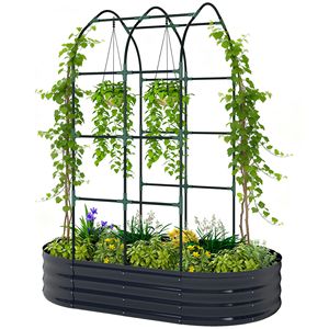 Jardinera metálica galvanizada para exterior, 5 x 3 x 6 pies, cama de cultivo elevada, con arco de trellis, fondo abierto, gris oscuro, con vallas y puertas de trellis - Product Image 1