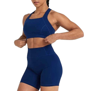 Ensemble de sport décontracté 2 pièces bleu pour femme en Spandex/Coton tricoté, respirant, séchage rapide, écologique, avec haut dos nu et short au genou, couleur unie - Product Image 1