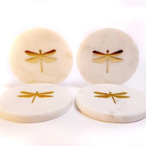 Luxury <b>Marble</b> Wood Inlay Classic Brown White Coasters-Hand Crafted 4x4 Lightweight Washable Eco-Friendly Smooth Finish Unique - Product Image 3