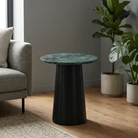 Table basse ronde moderne en marbre vert avec base en piédestal noir cannelé, cadre en bois durable fait à la main pour la décoration du salon