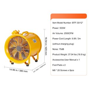 Ventilatore Cilindrico Portatile da 12 Pollici, 550W, Potente Aspiratore da Officina, 2500CFM, Cavo di Alimentazione da 9,8 Piedi, Senza Testa di Ricarica Inclusa - Product Image 4