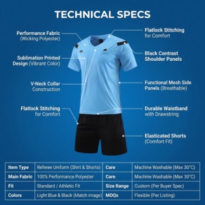 Custom Soccer <b>Referee</b> Uniform Set Light Blue Black V-Neck Short Sleeve Moisture Wicking Breathable Athletic Fit Adult Unisex - Product Image 1