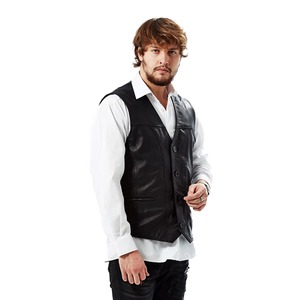 <b>Men's</b> Premium Quality Casual Cowhide <b>Leather</b> <b>Waistcoat</b> Black with Buttons Sleeveless Winter Vest Western Style Wholesale - Product Image 6