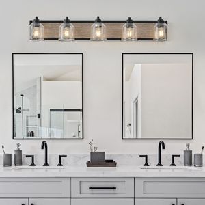 40\" Farmhouse 5-Light Bathroom Vanity Fixture Clear Seeded Glass Shades with Black Wood Grain Finish <b>Wall</b> <b>Sconce</b> Design - Product Image 2