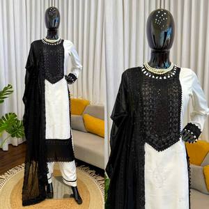 Ensemble Salwar Kameez brodé pour femmes, vêtements ethniques indiens pakistanais, tenue de fête de mariage noir et blanc - Product Image 2