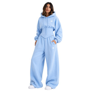 Ensemble de survêtement de détente pour femme en coton premium, comprenant un sweat à capuche court à coupe corset bleu glace et un pantalon de survêtement à jambes larges, style mode - Product Image 2