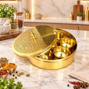 Antique Style Brass <b>Masala</b> <b>Box</b> Intricate Floral Engraving Removable Spice Cups Fitted Lid Durable Eco-Friendly for Seasoning - Product Image 5