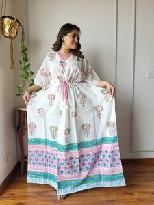 Red Casual Boho Maxi Dress Handmade <b>Kaftan</b> Floral Geometric Patterns V-Neck Loose Fit Three-Quarter Sleeves Flared Hem <b>Summer</b> - Product Image 4
