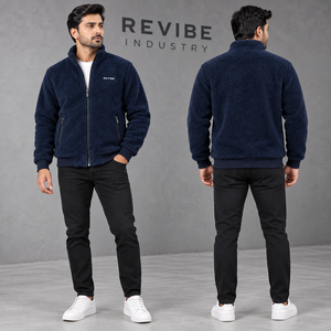 <b>Mens</b> Navy Blue <b>Sherpa</b> Fleece <b>Jacket</b> Custom Logo Stand Collar Full Zip Warm Winter Casual Outerwear OEM Wholesale Manufacturer - Product Image 2