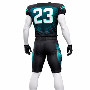 ชุดยูนิฟอร์มอเมริกันฟุตบอลแบบกำหนดเองสำหรับผู้ชาย เสื้อเจอร์ซีย์สีดำ-เขียวอมฟ้าและกางเกงขายาว โพลีเอสเตอร์ระบายอากาศได้ดี ชุดกีฬาสำหรับทีมฝึกซ้อม - Product Image 4