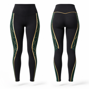 Leggings de yoga taille haute longueur intégrale, imprimé géométrique, coutures contrastées, découpes, noir, vert, or, extensibles dans les quatre sens, Spandex Polyester - Product Image 1