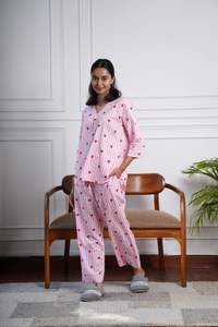 Conjunto de Pijama para Mujer, 100% Algodón, Estampado de Corazones Rosados, Suave, Transpirable, de Secado Rápido, para Primavera/Verano, Ropa de Dormir, Ropa de Casa - Product Image 5