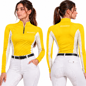 Camisa de equitación amarilla personalizada para mujer, con cremallera de un cuarto, manga larga, para competición ecuestre, transpirable y de alto rendimiento. - Product Image 1