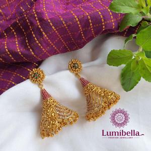 Chandelier Drop Earrings-Ethnic Religious Classic Trendy Zircon Pearl Cone Jhumkis Fashion Jewellery - Product Image 3