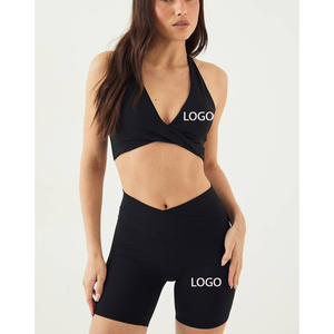 Soutien-gorge de yoga personnalisé en nylon et élasthanne, très extensible, col en V, torsadé devant, motif uni, dos nu, pour femme, idéal pour la natation, la plage et le sport - Product Image 1