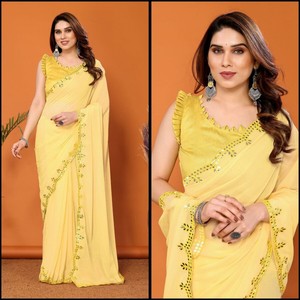 ATTRACTIVE GEORGETTE MIROIR DENTELLE TRAVAIL SAREE AVEC CHEMISIER NON COUDU JAUNE - Product Image 1
