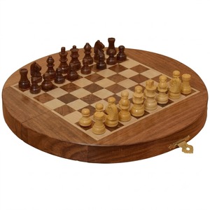 Jeu d'échecs pliable rond en bois, décoration de table, objet décoratif, échiquier de collection avec pièces pour enfants et adultes - Product Image 1