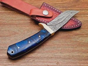 Drop Point Skinner Knife Damascus Steel Blade 0.6mm Blue Handle <b>Leather</b> Sheath Outdoor <b>Tool</b> - Product Image 1