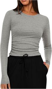 เสื้อยืดคอกลมแขนยาวสำหรับผู้หญิง, เสื้อยืดผ้าฝ้ายย้อมล้วนย้อมผ้าฝ้าย100% ป้องกันการเกิดขนสไตล์ฤดูร้อน - Product Image 2