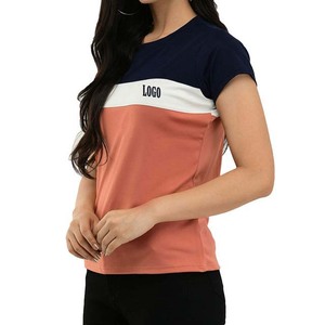 T-shirt femme 100% coton 200 g/m² à blocs de couleur, manches courtes, col rond, design décontracté avec logo, pour le printemps et l'été - Product Image 3