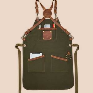 Delantal de lona unisex con logo personalizado impreso, con correas de cuero y bolsillos para uso en restaurantes y bares. - Product Image 3