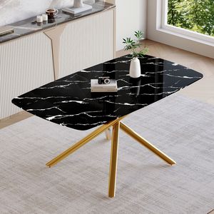 Lussuoso Tavolo da Pranzo in Vetro Temperato Effetto Marmo Nero 160x90 cm con Gambe in Metallo Dorato a Forcella Singola - Product Image 1
