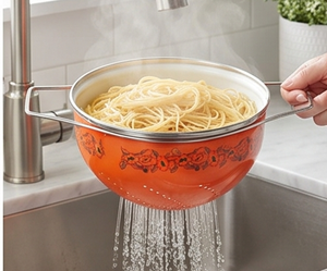 Finest Orange Enamel Colander With Floral Design Stainless Steel Handles Durable Kitchen Strainer For <b>Vegetables</b> And Fruits - Product Image 3